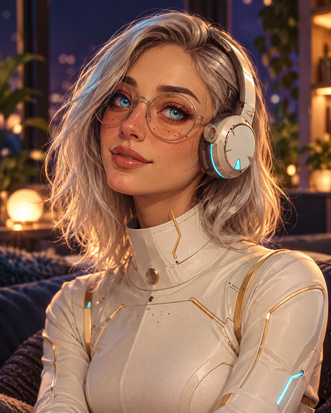Clara with silver hair, round glasses and cyan-lit headphones in a warm evening nook.