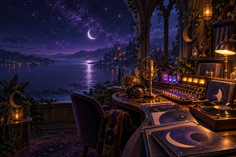 A warm late-night radio room overlooking the starry lake.