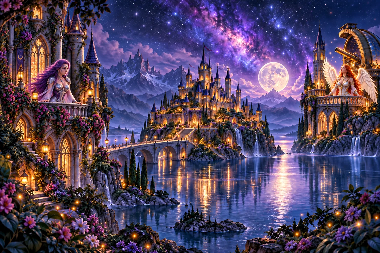 A moonlit kingdom: Neaura watches from her tower in lunar armor, Nighthaven’s mossy castle glows with life, and winged N’lora looks to the stars beside her observatory.